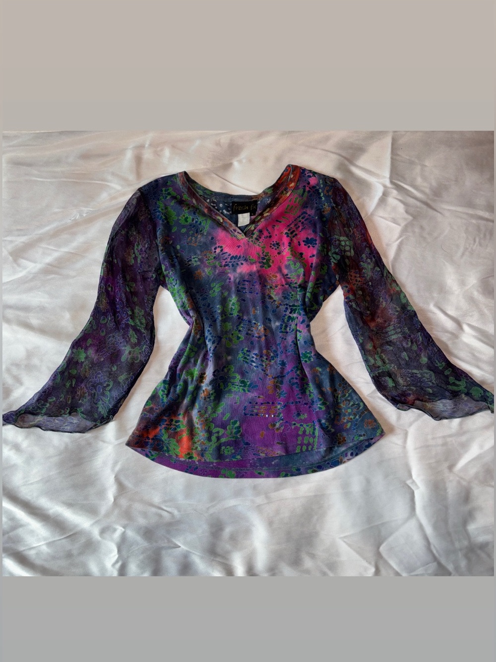 Y2k fresh Multicolor Floral Sheer Bell-Sleeve Blouse - Purple/Pink/Green